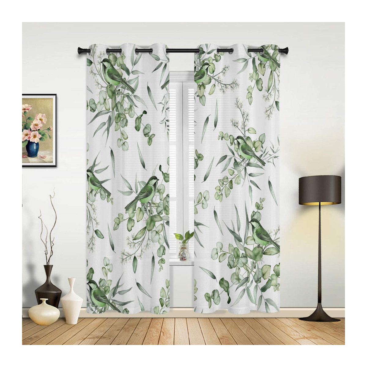 Binchi Outdoor Equipment Semi-transparente Fenstervorhänge mit Sommergrünen Blättern und Vögeln im Aquarell-Design, Farbe: Grün, B: 135 cm, H: 60 cm - Bild 2