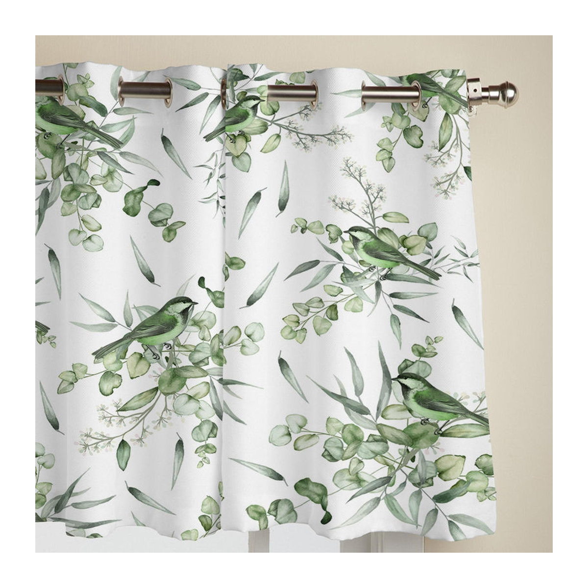Binchi Outdoor Equipment Semi-transparente Fenstervorhänge mit Sommergrünen Blättern und Vögeln im Aquarell-Design, Farbe: Grün, B: 135 cm, H: 60 cm - Bild 3