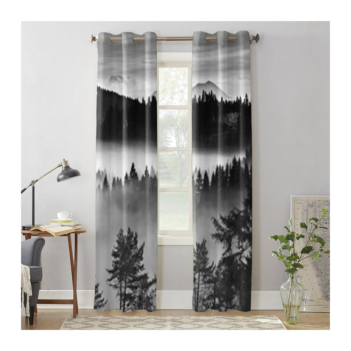 Binchi Outdoor Equipment Stoffvorhang mit schwarz-weißem Nebel-Bergmotiv für Wohnzimmer und Schlafzimmer, halbtransparent, B: 135 cm, H: 60 cm - Bild 1