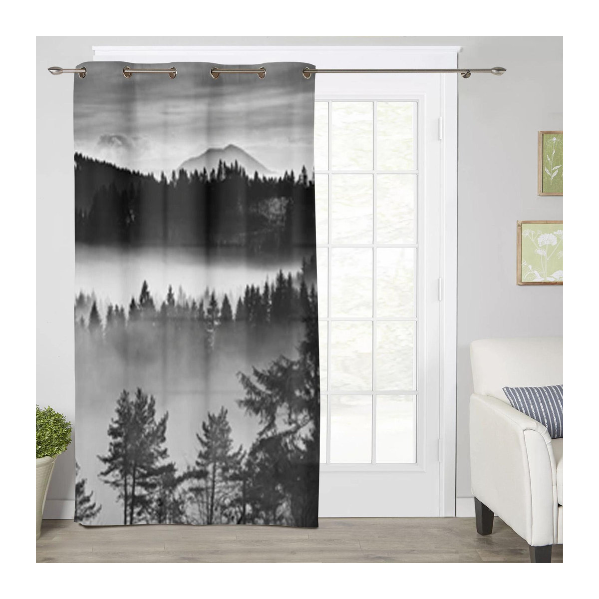 Binchi Outdoor Equipment Stoffvorhang mit schwarz-weißem Nebel-Bergmotiv für Wohnzimmer und Schlafzimmer, halbtransparent, B: 135 cm, H: 60 cm - Bild 2