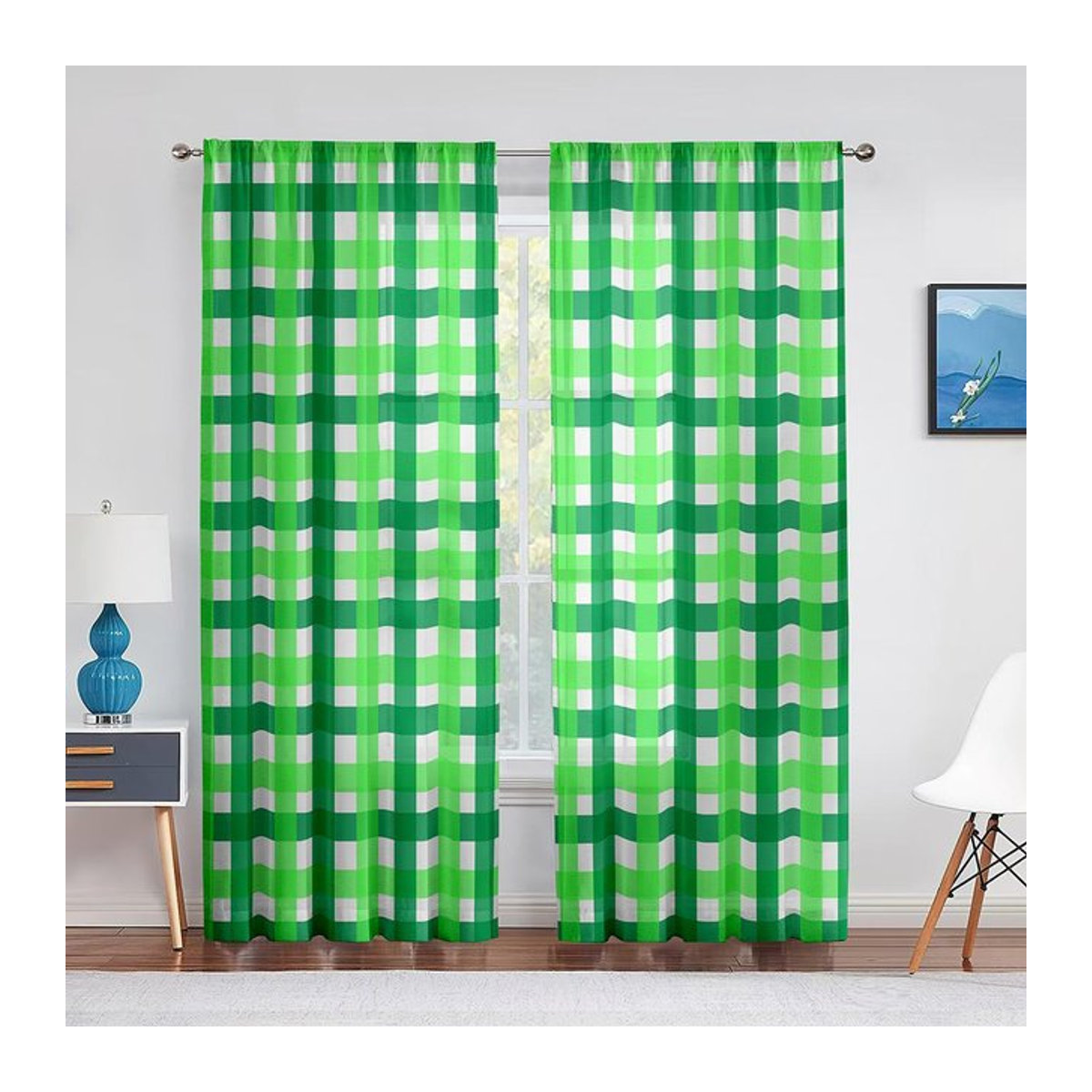 Binchi Outdoor Equipment Transparente Tüll-Fenstervorhänge im Retro-Design, Kariert und Gestreift, Schwarz-Gelb, B: 100 cm, H: 250 cm - Bild 1