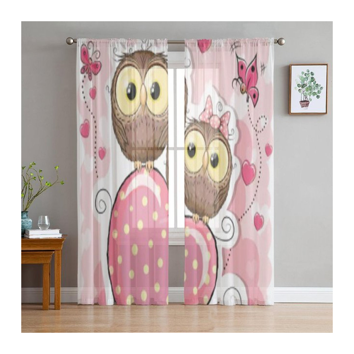 Binchi Outdoor Equipment Transparente Tüll-Gardine mit Eulen-Herz-Motiv in Rosa, B: 135 cm, H: 114 cm - Bild 1