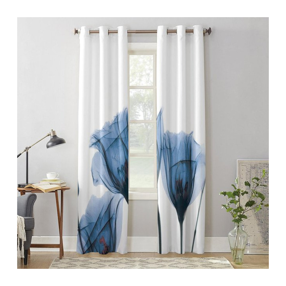 Binchi Outdoor Equipment Transparente Voile-Gardine mit abstraktem blauem Blumenmuster für Wohnzimmer und Küche, Breite: 135 cm, Höhe: 60 cm - Bild 1