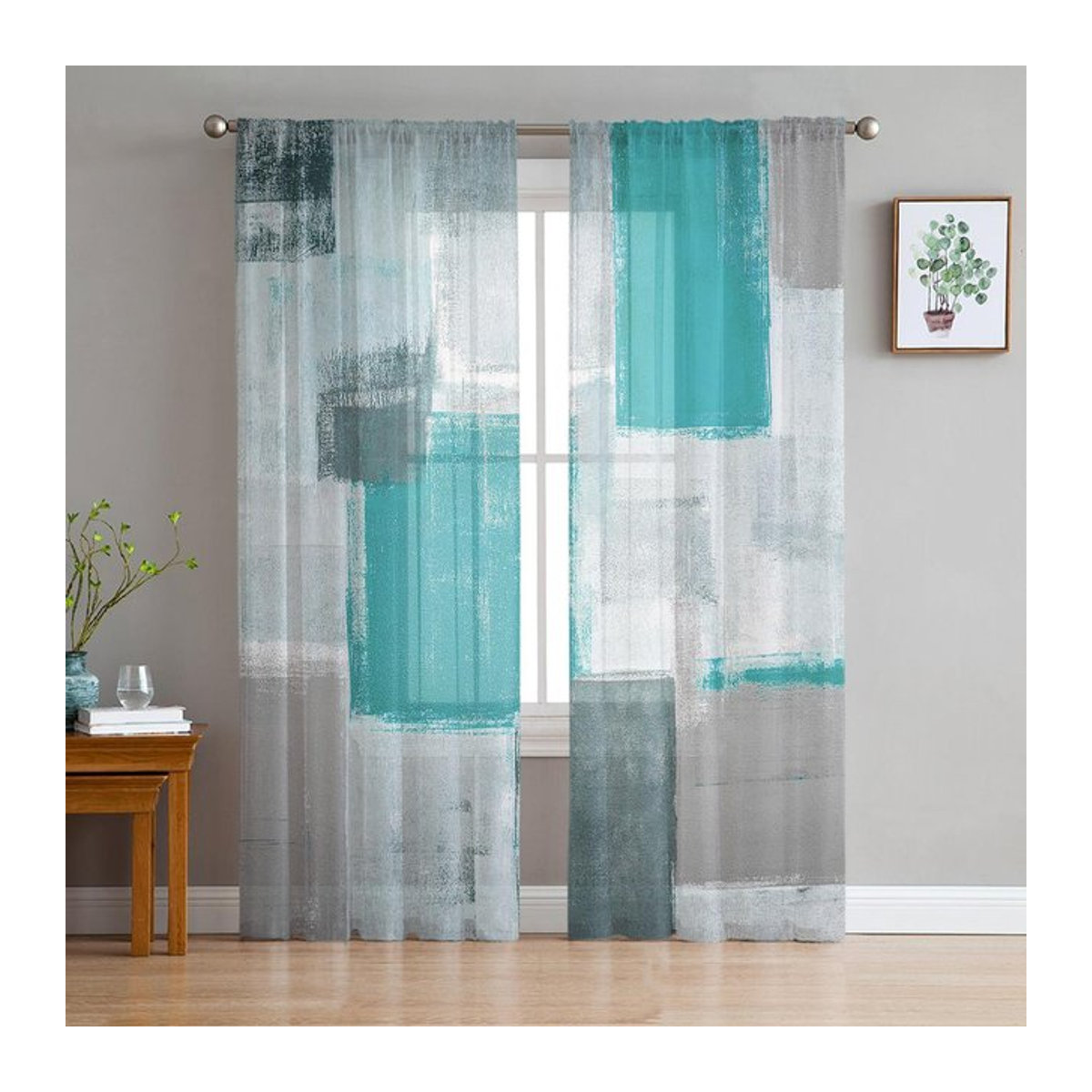 Binchi Outdoor Equipment Transparente Voile Gardine mit abstraktem geometrischem Ölgemälde-Design, B: 135 cm, H: 114 cm - Bild 1