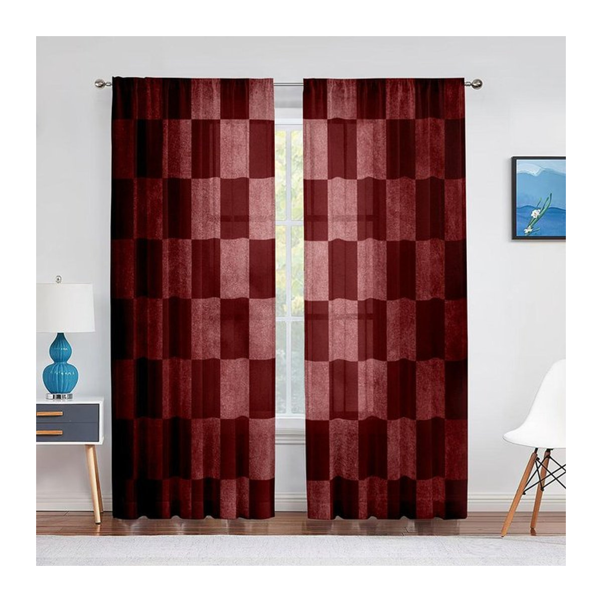 Binchi Outdoor Equipment Transparenter Voile-Vorhang mit Checker-Muster in Rot und Weiß, Breite: 100 cm, Höhe: 250 cm - Bild 1