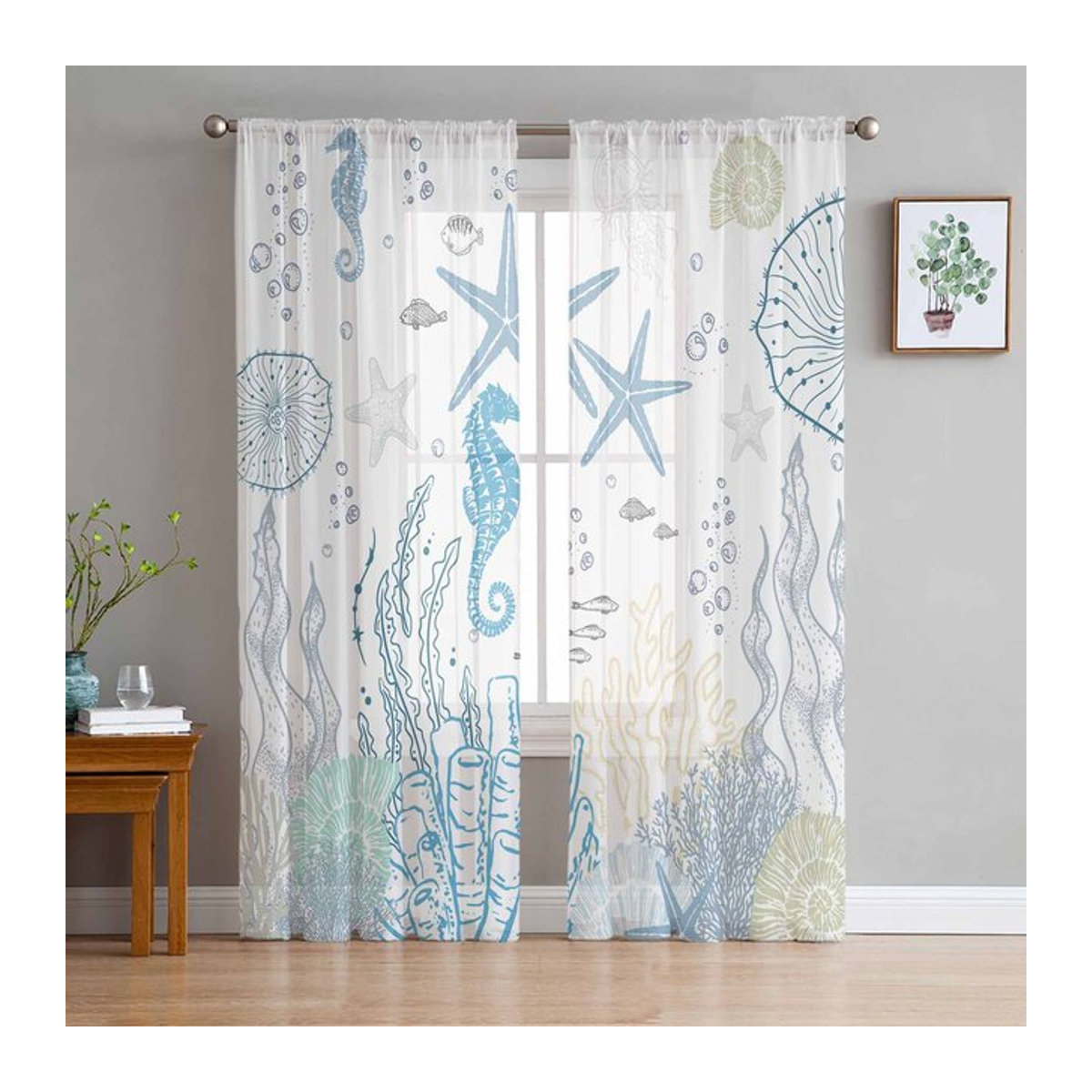 Binchi Outdoor Equipment Transparentes Voile Fenster Tüll Vorhang mit Marine Coral Seahorse Conch Design B: 135 cm, H: 114 cm - Bild 1