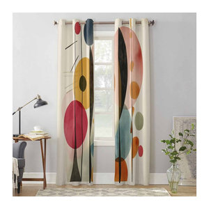 Binchi Outdoor Equipment Vorhänge mit abstraktem Vintage Geometrie Ölgemälde Design, halbtransparent, mehrfarbig, B: 70 cm, H: 100 cm, 2er Set