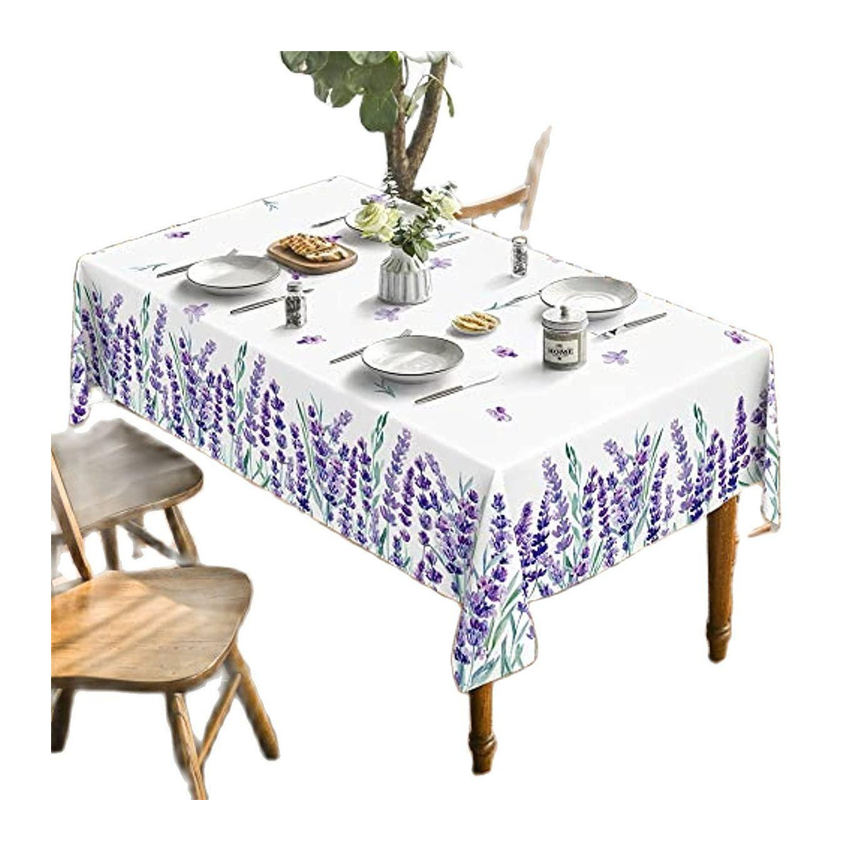 Binchi Tischdecke mit lila Lavendel Muster für Hochzeit, Party und Wohnzimmer, Rechteckig, Weiß/Lila - Bild 2