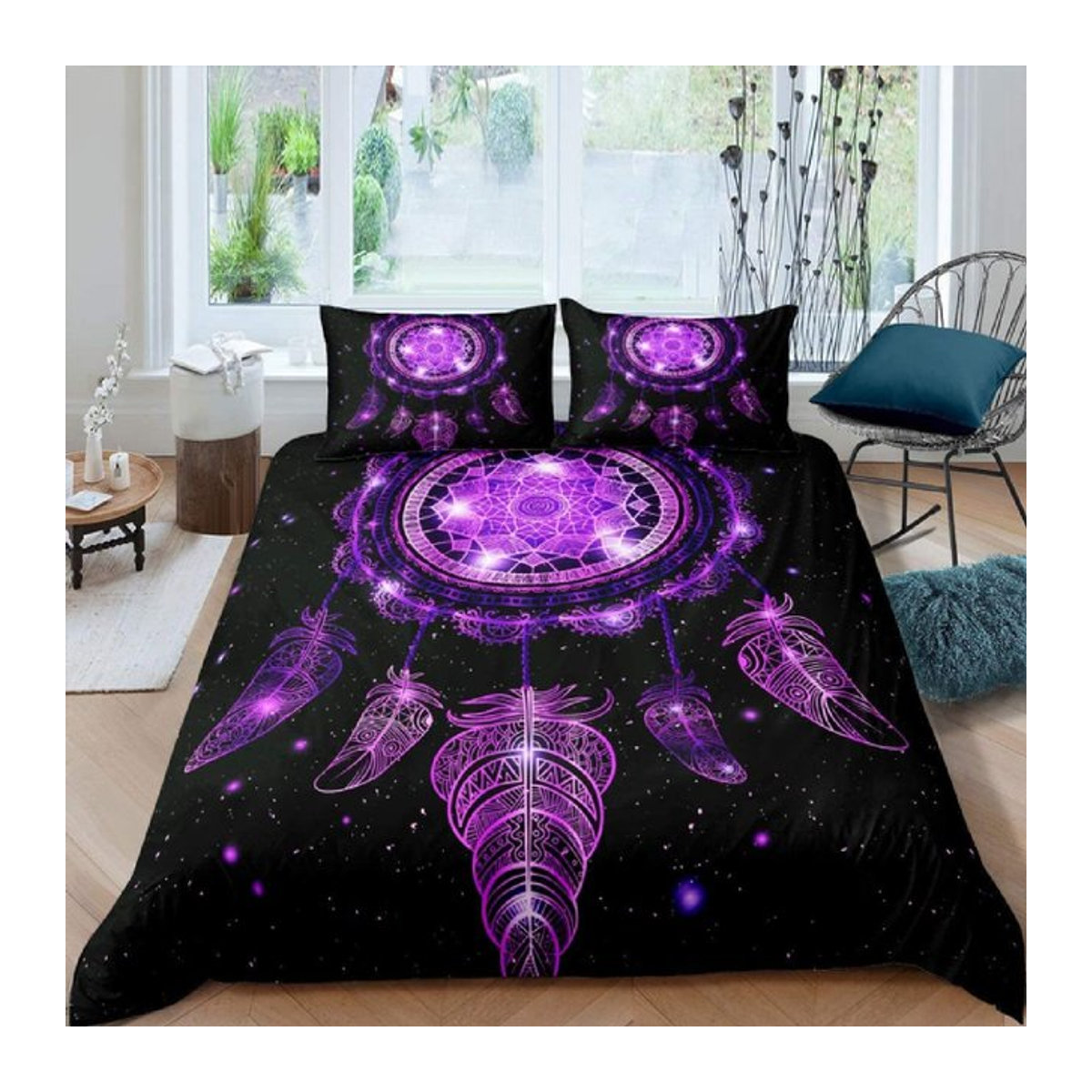 Binchi Traumfänger Bettwäsche-Set aus Mikrofaser in Lila mit Ethno-Design und Reißverschluss, B/H: 140 x 210 cm - Bild 1