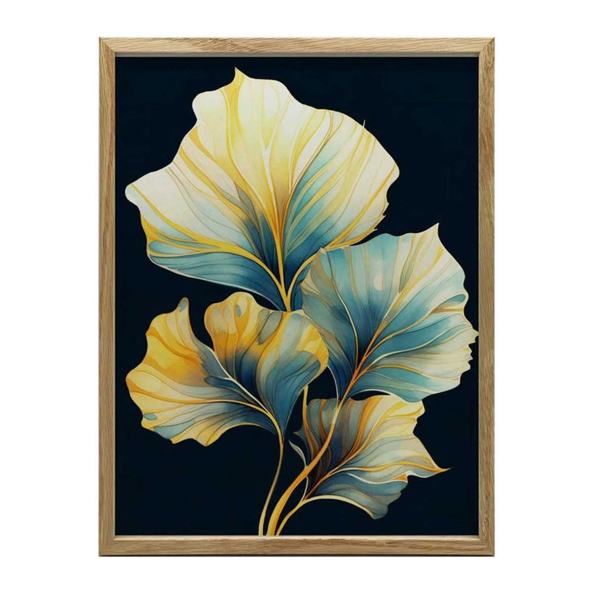 Blätter in Aquarell von Marcin Zbijowski in Dunkles Aquamarin und Bernstein, Wandbild mit goldenem Aluminiumrahmen, B: 30 cm, H: 40 cm - Bild 1