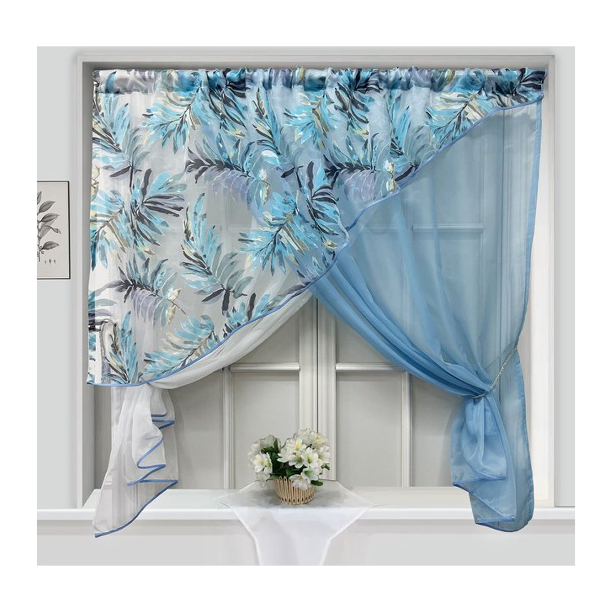 Blau-weiße Doppel-Schicht-Küchenvorhänge mit Blättermuster und Tüll-Partition, 1 Panel - Bild 1