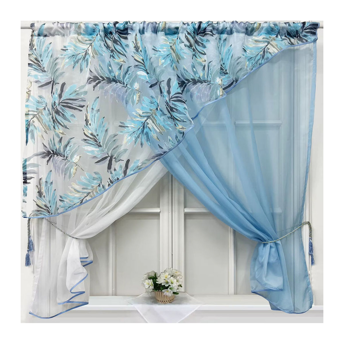 Blau-weiße Doppel-Schicht-Küchenvorhänge mit Blättermuster und Tüll-Partition, 1 Panel - Bild 2