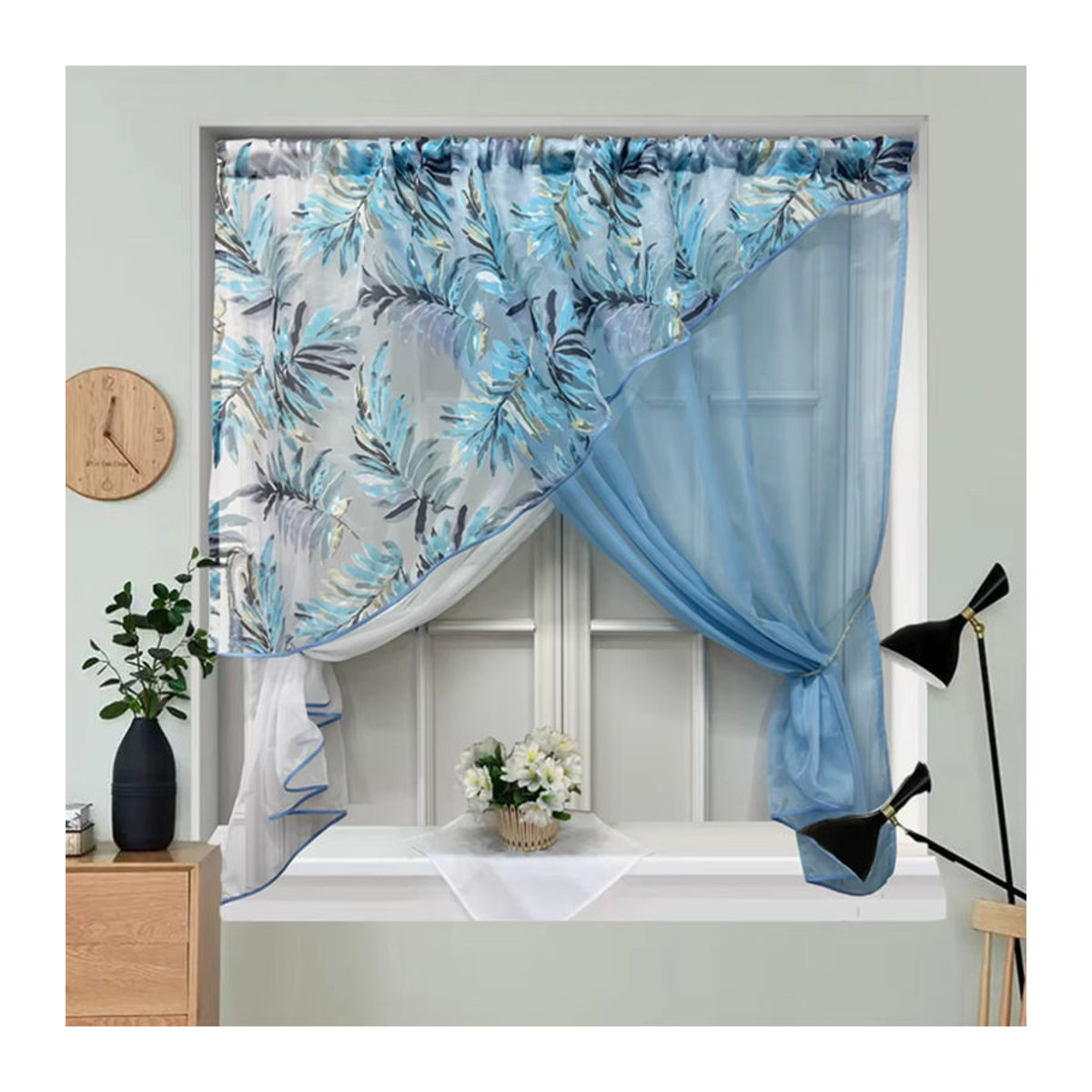 Blau-weiße Doppel-Schicht-Küchenvorhänge mit Blättermuster und Tüll-Partition, 1 Panel - Bild 3