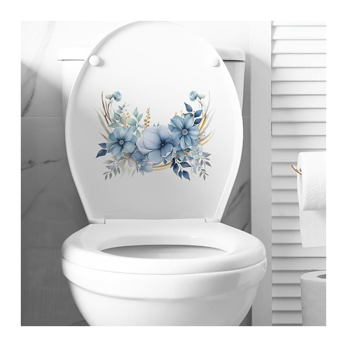Blauer floraler Wandaufkleber im Aquarell-Stil für Badezimmer und Toilette, XYKK01 - Bild 1