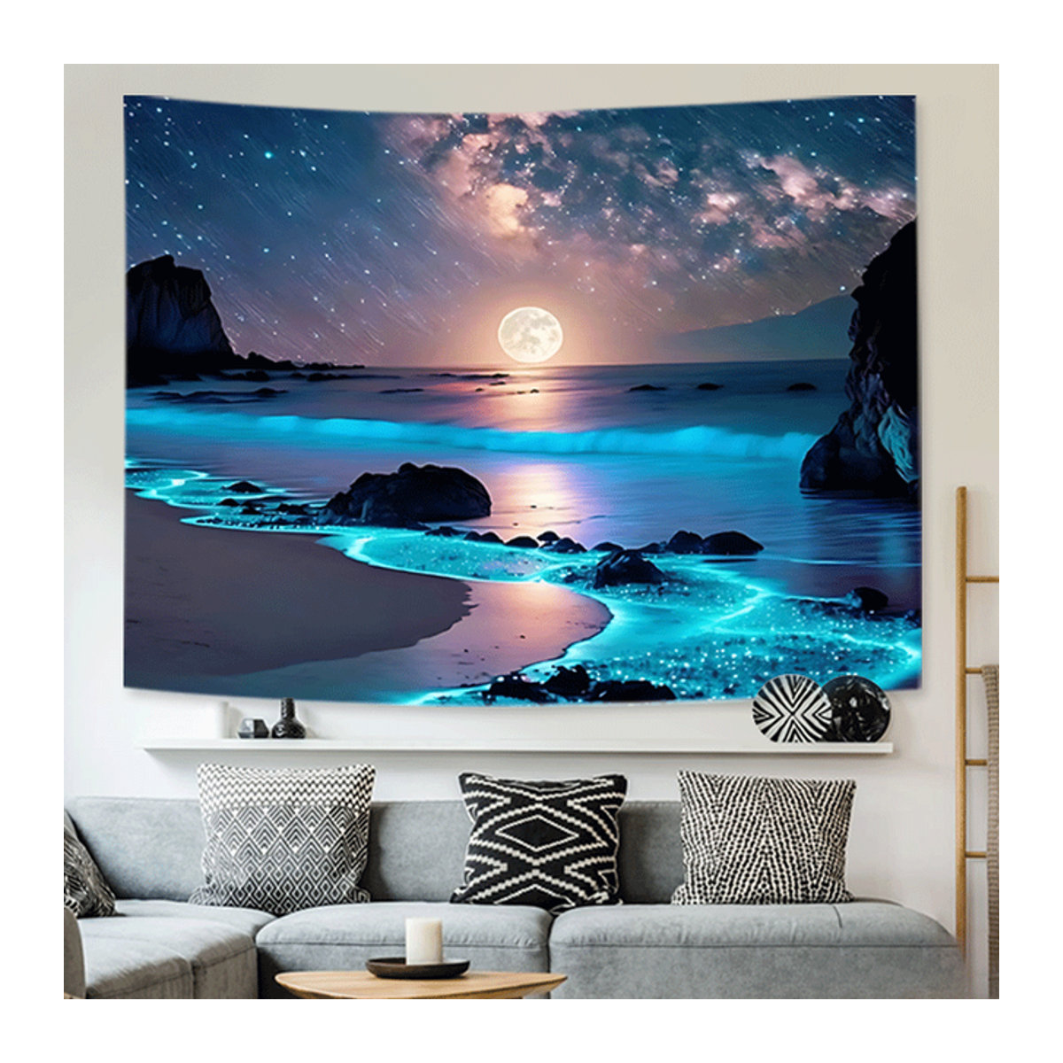 Blauer Meer & Mond Wandbehang aus Polyester für dein Schlafzimmer oder Wohnheim - Bild 1