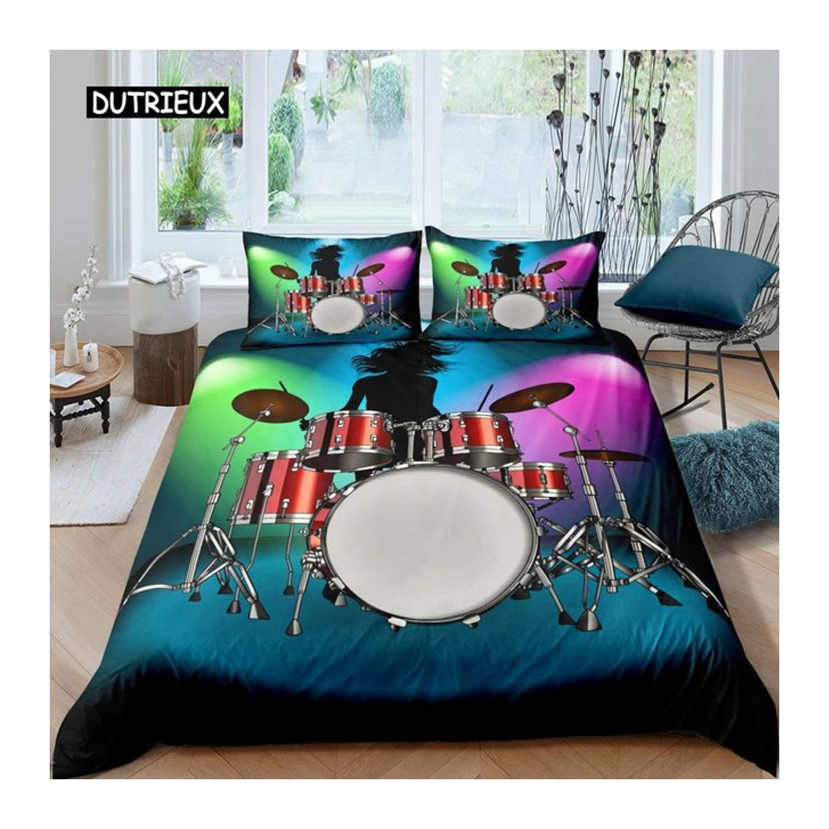 Blaues Schlagzeug Bettwäsche Set aus Mikrofaser mit Glitzerlinien und Reißverschluss, Bettbezug und Deckenbezug für Doppelbett, B/B: 180 x 210 cm - Bild 1