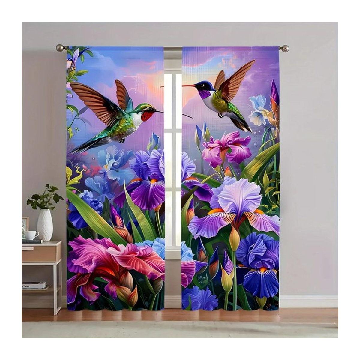 Blickdichte Polyester Vorhänge mit Kolibri-Blumenmuster von Tonnika Chen in Multicolor, B: 100 cm, H: 70 cm - Bild 1