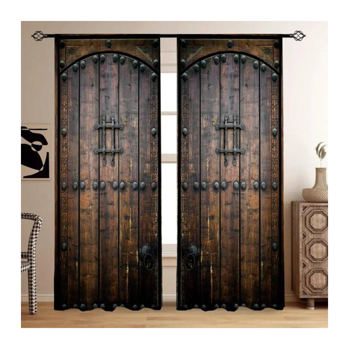 Blickdichte Vorhang-Set mit Retro-Holztür-Muster für Wohnzimmer und Schlafzimmer, 2 Stück inklusive Haken, Breite: 100 cm, Höhe: 130 cm - Bild 1