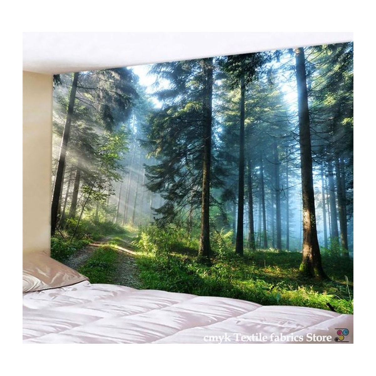 Bling Bling Tapestry Wandbehang mit Wald- und Mandala-Motiv in Grün, Rechteckiger Textil-Wandteppich im Bohemian-Stil, B/H: 200 x 150 cm - Bild 1