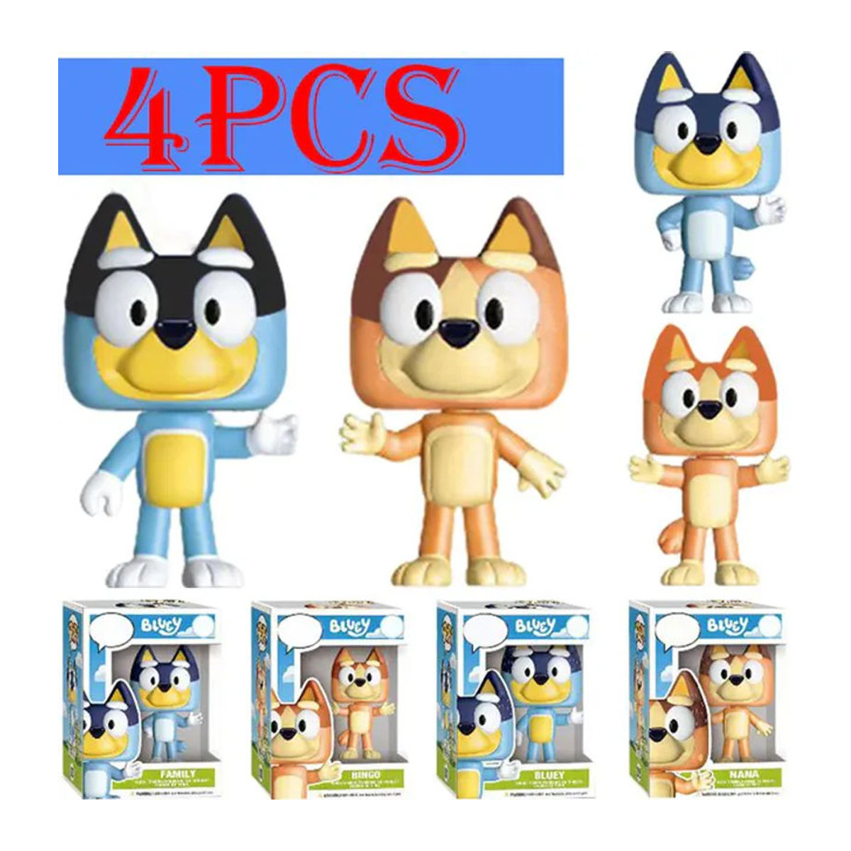 Bluey Familie Figuren Set aus PVC: Bingo, Bandit und Chilli als bunte Sammlerfiguren und dekorative Spielzeugornamente für Kinder - Bild 1