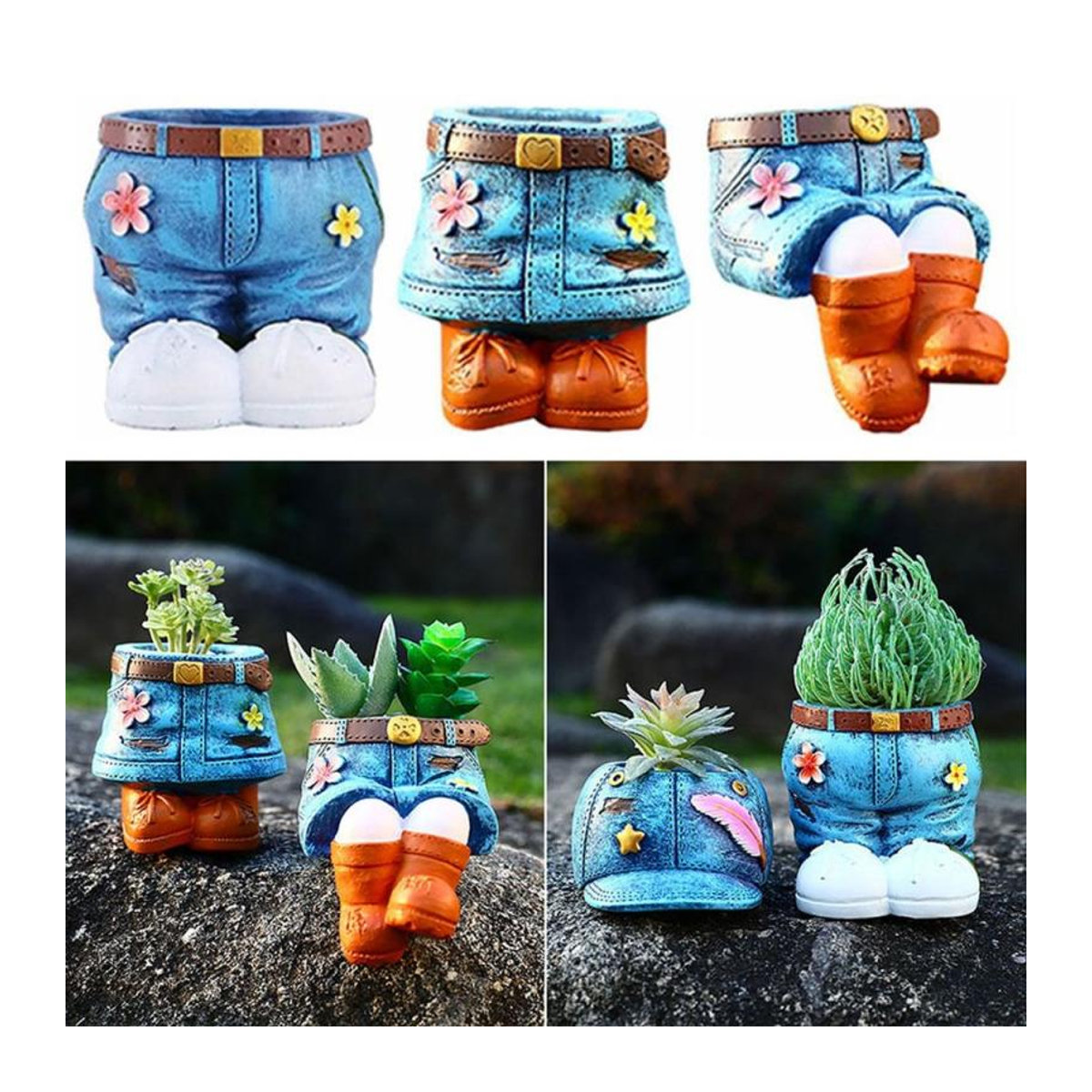 Blumentopf Denim Hose von Treasure Yard in Blau aus Kunstharz mit floralem Design als dekoratives Wohnaccessoire - Bild 4