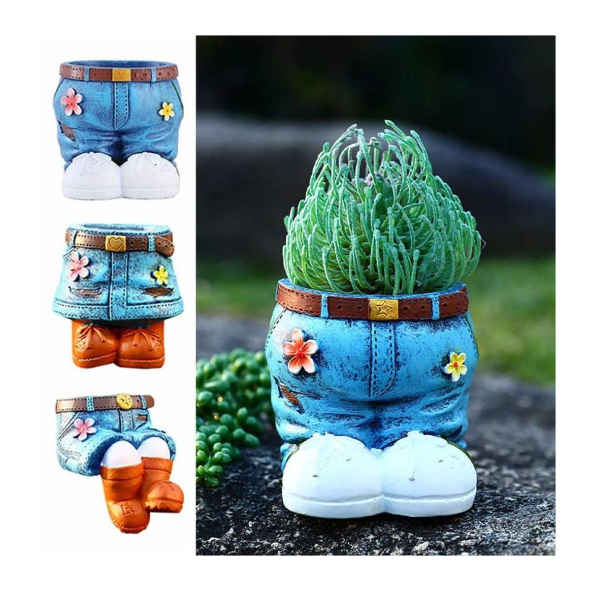 Blumentopf Denim Hose von Treasure Yard in Blau aus Kunstharz mit floralem Design als dekoratives Wohnaccessoire - Bild 5