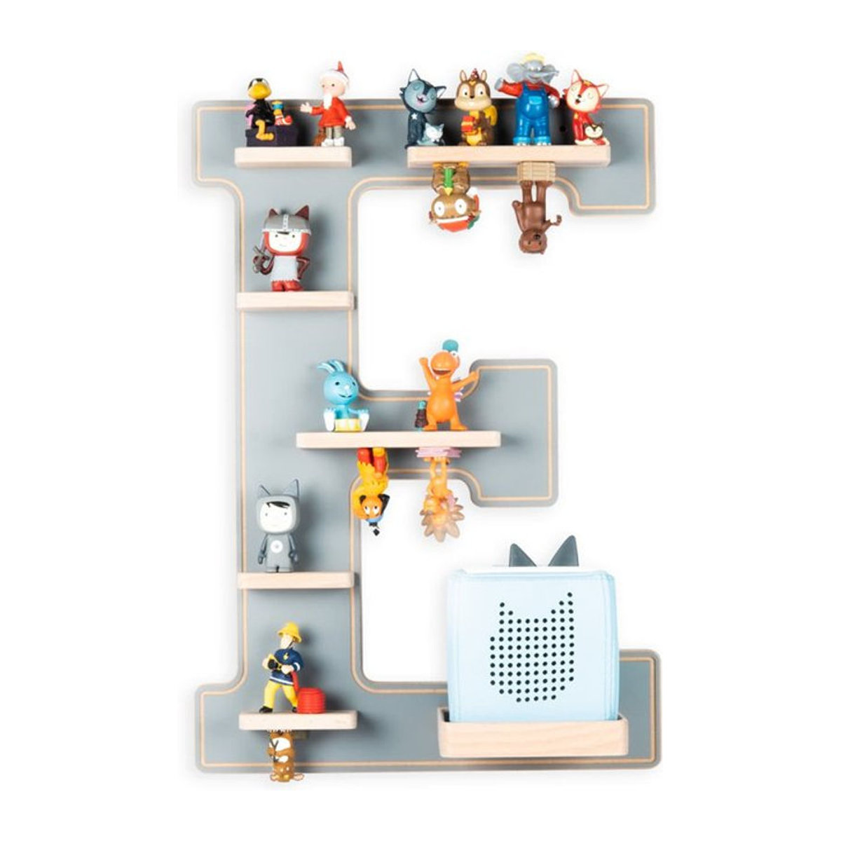 BOARTI Kinderregal Buchstabe E aus Holz in Grau für Toniebox und Figuren, Wandregal mit Magneteinsätzen, H x B x T: 54 x 38 x 19 cm - Bild 1