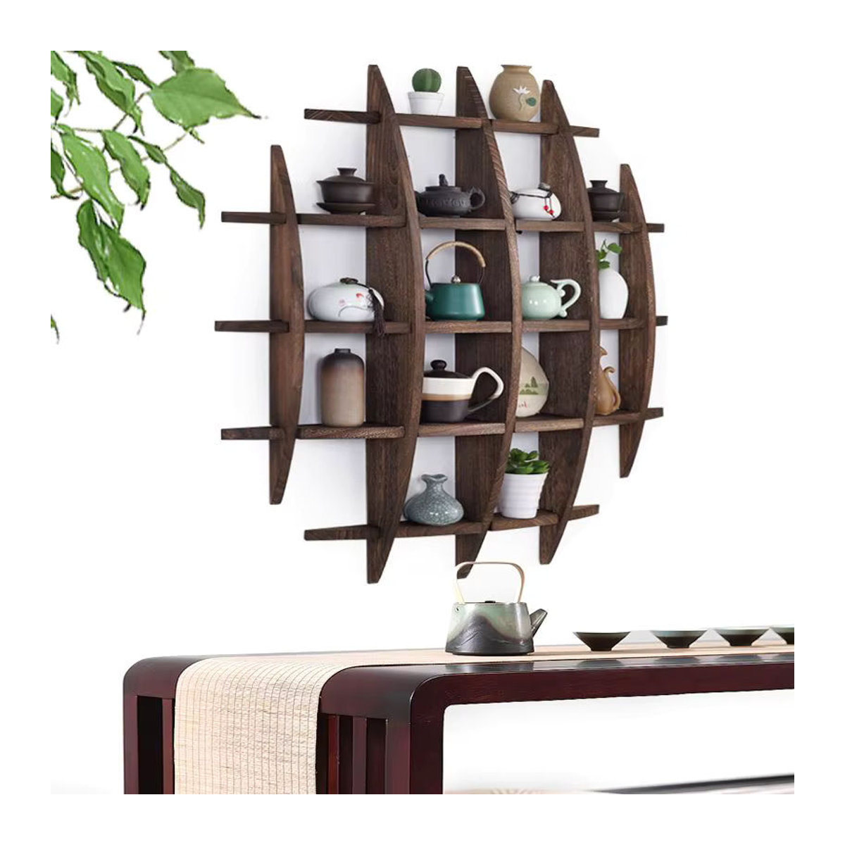 Bogu Wandregal aus Massivholz in Braun im modernen minimalistischen chinesischen Stil für Tee-Sets und Displays - Bild 2