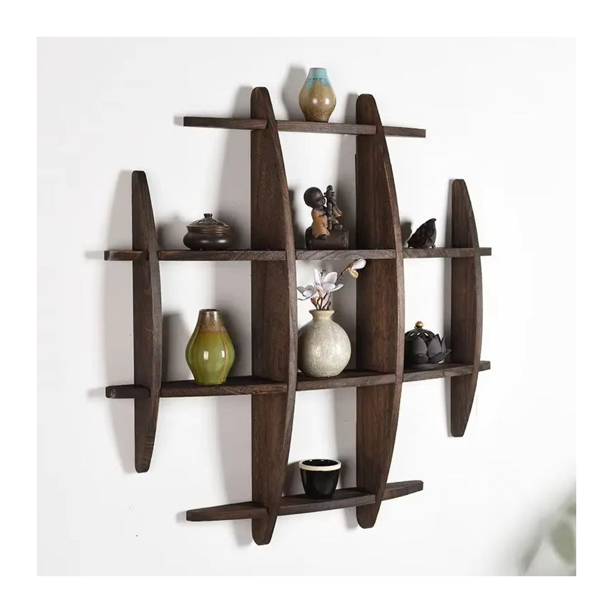 Bogu Wandregal aus Massivholz in Braun im modernen minimalistischen chinesischen Stil für Tee-Sets und Displays - Bild 3