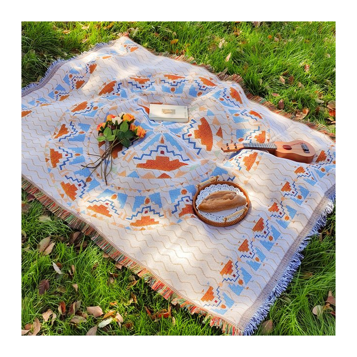 Böhmische Picknickmatte mit geometrischem Muster und Quasten, runde Outdoor-Matte im Ins-Stil für Camping und Picknick - Bild 1