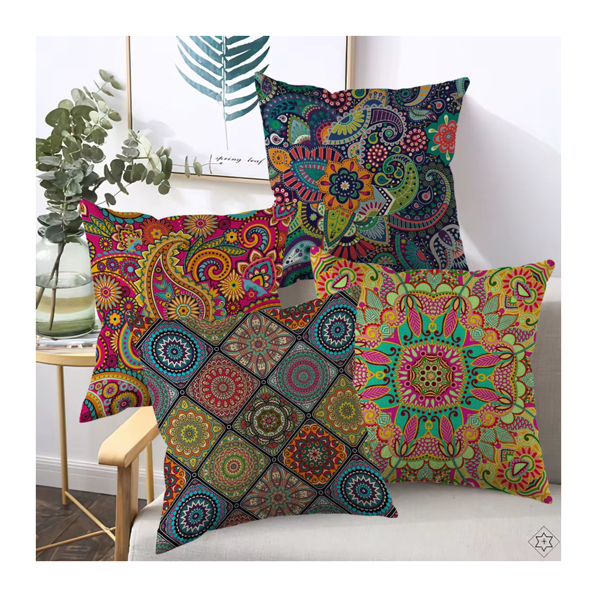 Böhmischer Leinen Kissenbezug mit mexikanischen Elementen und Reißverschluss, mehrfarbig, B/T/H: 45 x 45 x 45 cm - Bild 2