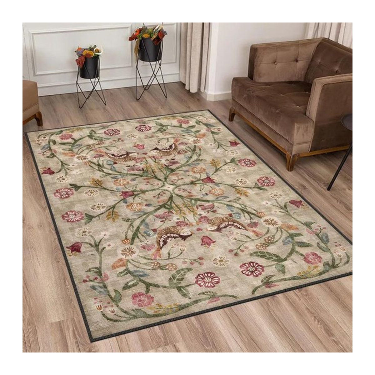Boho Chic Eleganz Floraler Teppich im Türkischen Design mit Used Look, Waschbar und Rutschfest, B/H: 60 x 40 cm - Bild 1