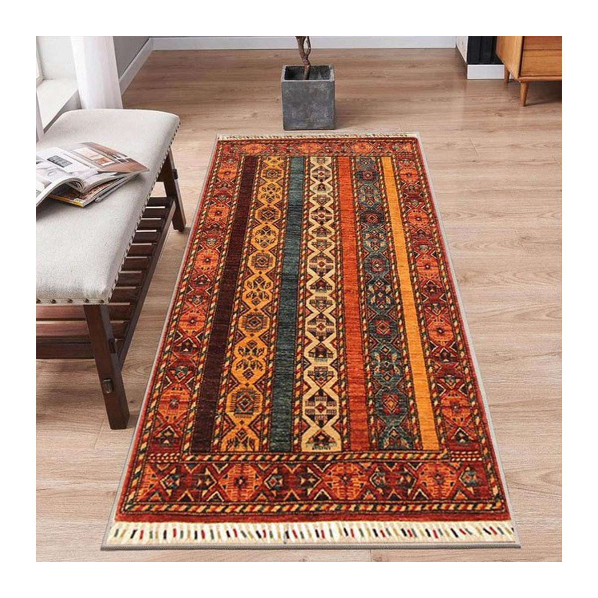 Boho Geometrischer Läufer Teppich im Retro Ethno-Stil für Flur und Eingangsbereich, B/T: 50 x 150 cm - Bild 1