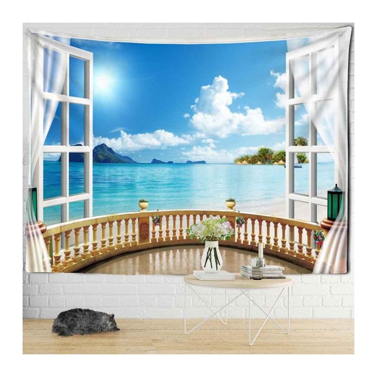 Boho Hippie Wandteppich Super Six mit Sonnenuntergang am Meer und Landschaftsmotiv, B: 95 cm, H: 70 cm - Bild 1