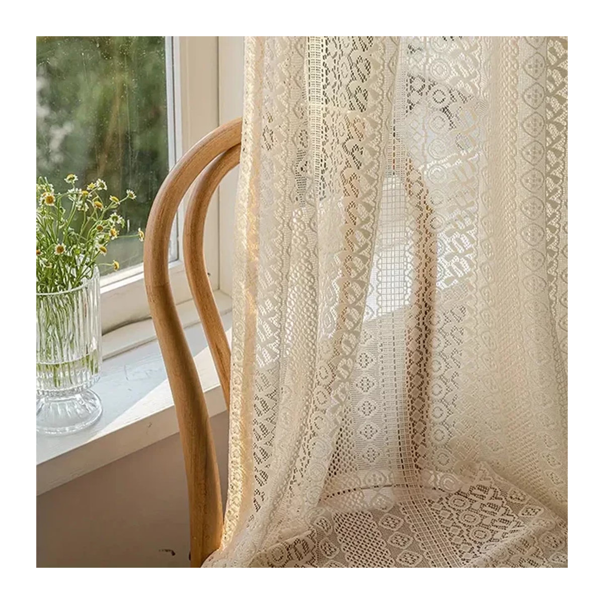 Boho Jacquard Strick Vorhang mit geometrischem Muster in Beige für Wohnzimmer und Schlafzimmer - Bild 1