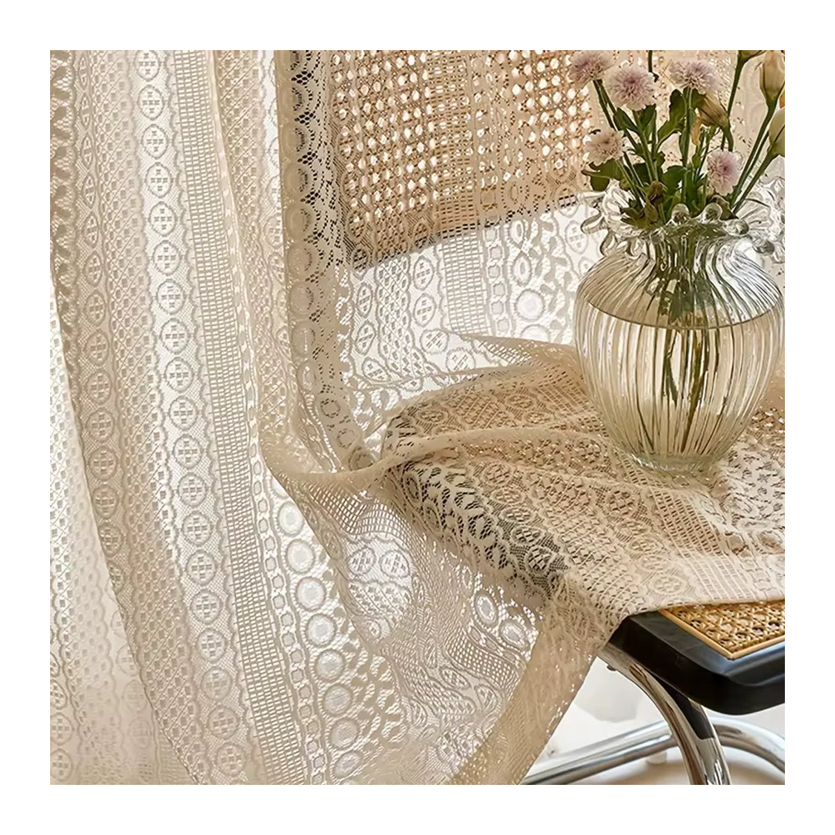 Boho Jacquard Strick Vorhang mit geometrischem Muster in Beige für Wohnzimmer und Schlafzimmer - Bild 2