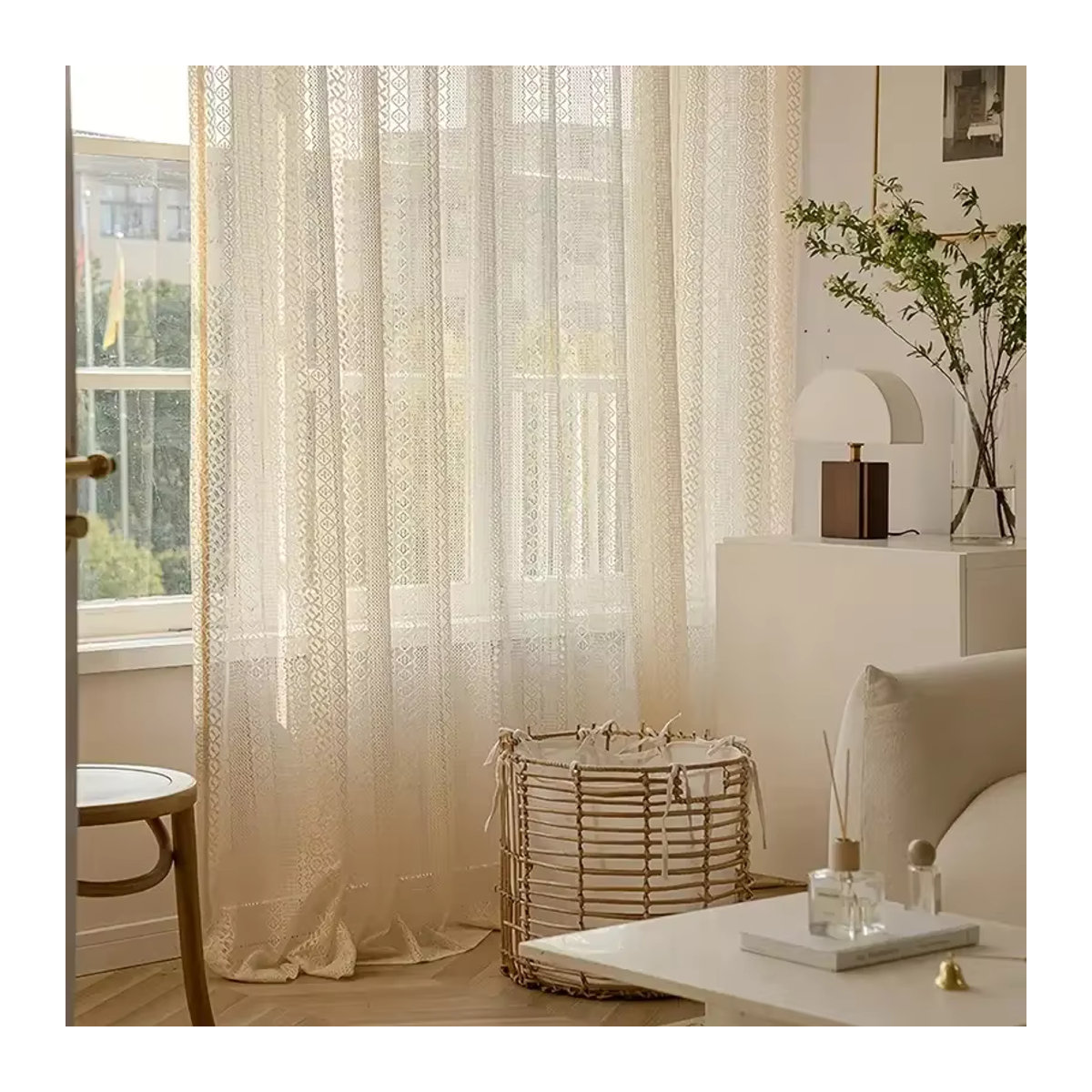 Boho Jacquard Strick Vorhang mit geometrischem Muster in Beige für Wohnzimmer und Schlafzimmer - Bild 3