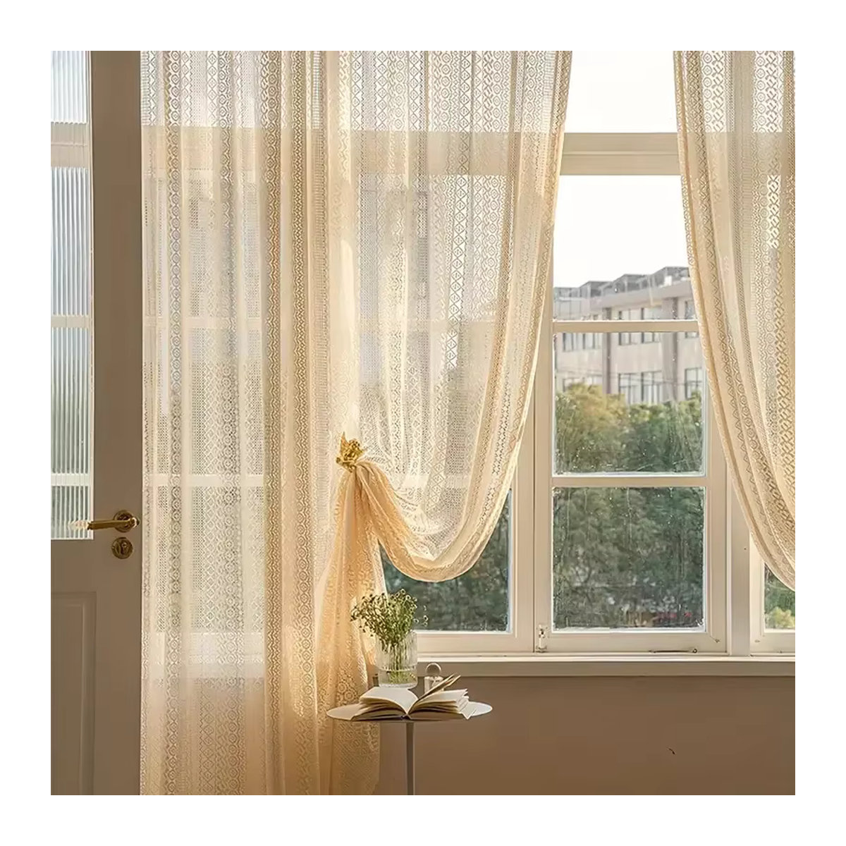 Boho Jacquard Strick Vorhang mit geometrischem Muster in Beige für Wohnzimmer und Schlafzimmer - Bild 4