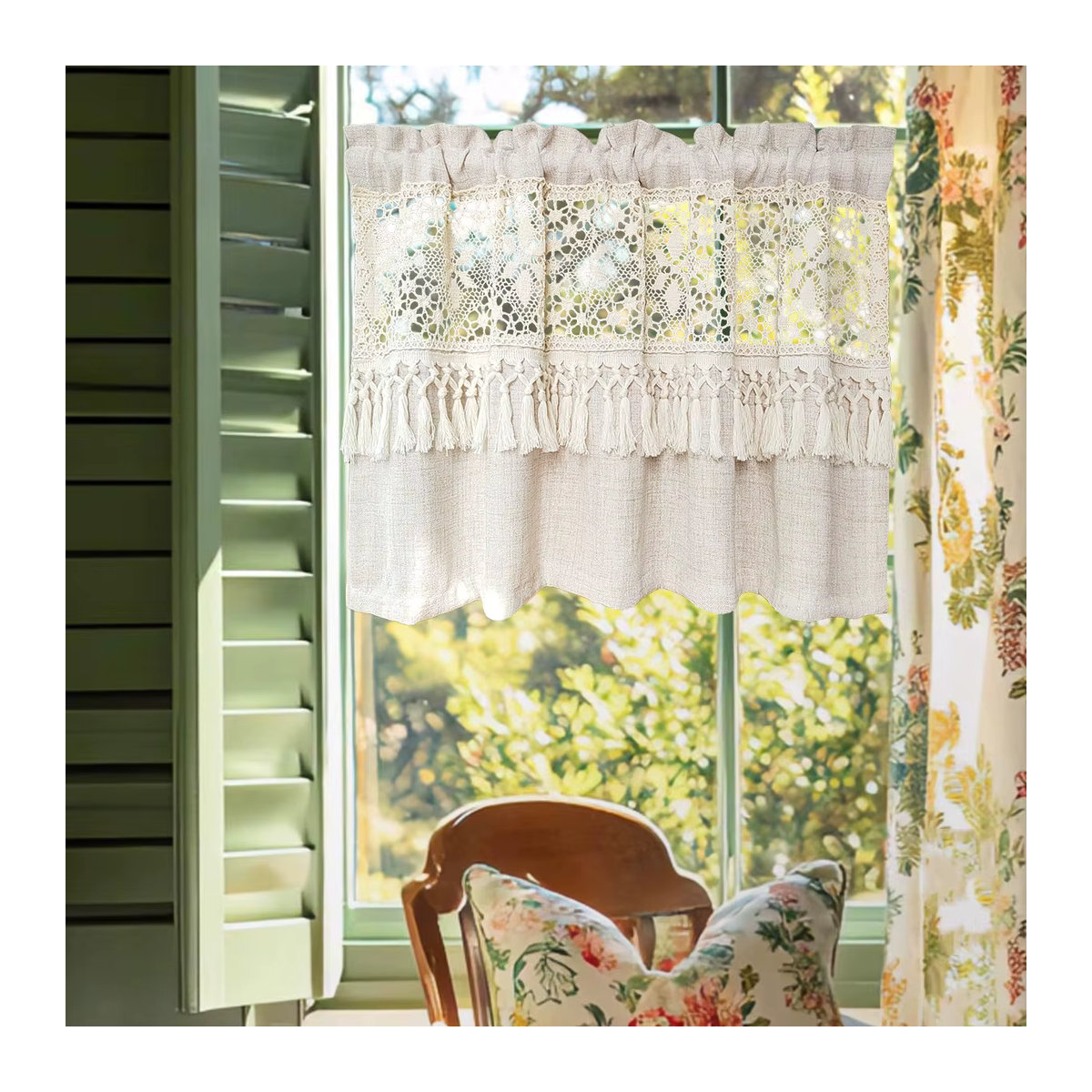 Boho-Kurzvorhang mit gehäkelter Spitze und Quasten in Beige, transparenter Voile-Gardine für Küche und Fenster - Bild 2