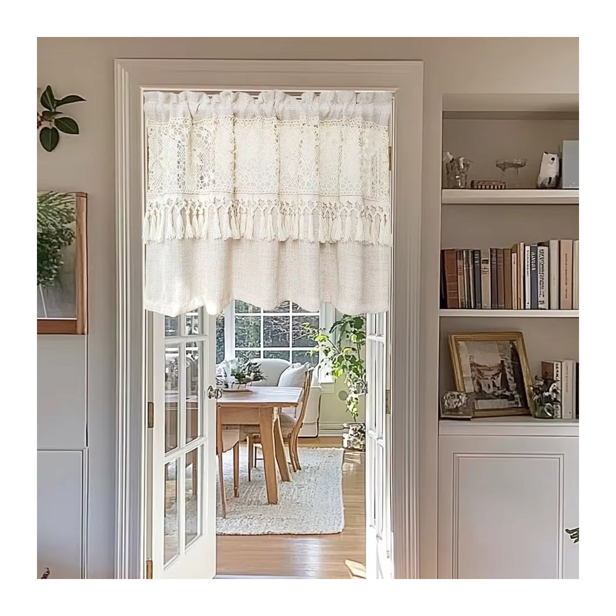 Boho-Kurzvorhang mit gehäkelter Spitze und Quasten in Beige, transparenter Voile-Gardine für Küche und Fenster - Bild 3