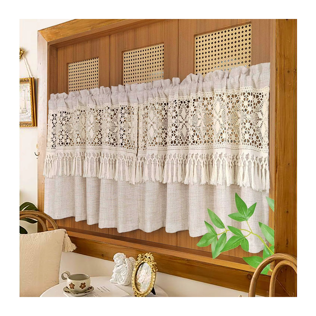 Boho-Kurzvorhang mit gehäkelter Spitze und Quasten in Beige, transparenter Voile-Gardine für Küche und Fenster - Bild 4