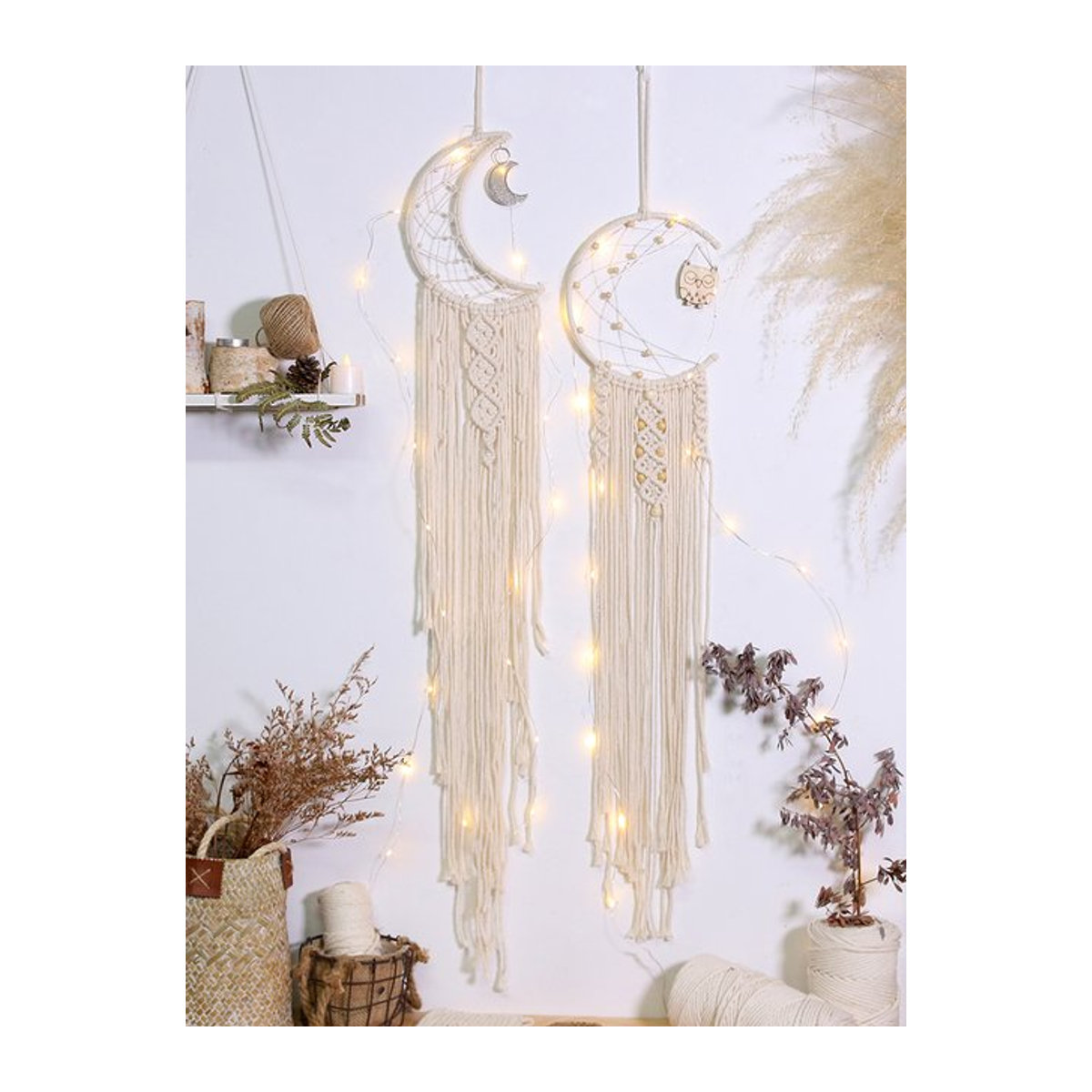 Boho Makramee Wandteppich mit Eule und Mond in Weiß als Wandbehang für Kinderzimmer und Wohnräume - Bild 1