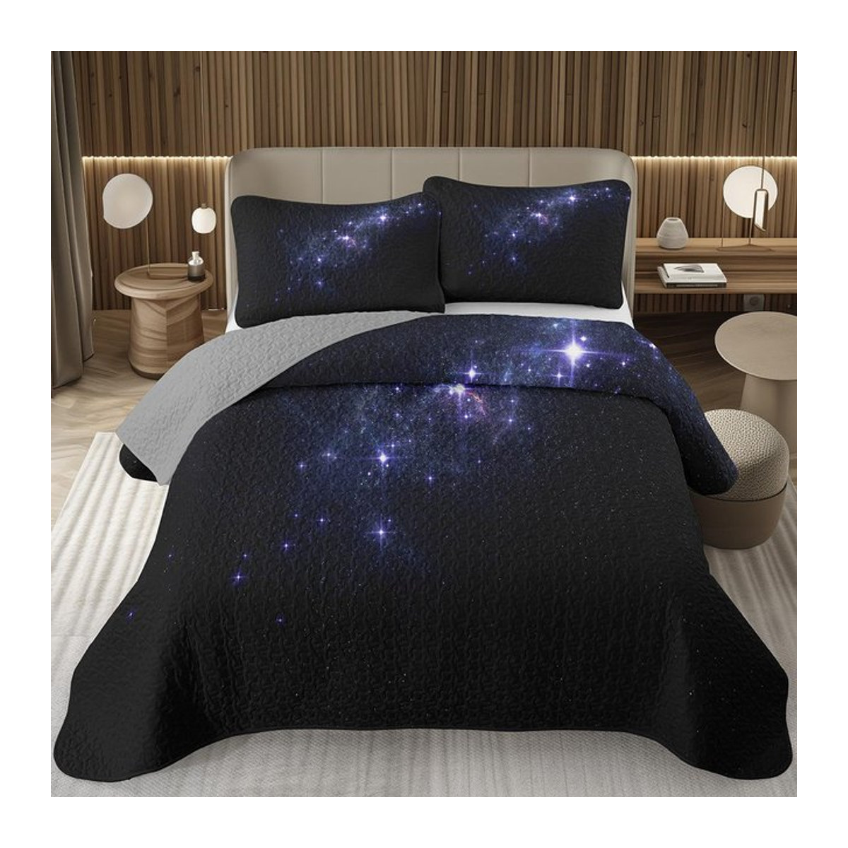 Boho Sternbild Astrologie Tagesdecke mit Tierkreis-Motiv, grau gesteppt, B/T: 135 x 200 cm - Bild 1