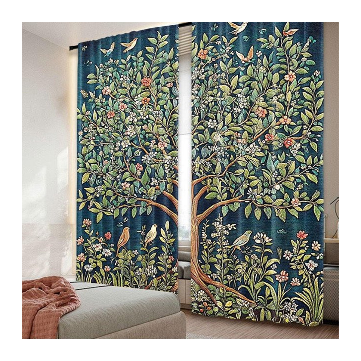 Boho William Morris Vorhang Set mit Baum des Lebens im Vintage Blumen-Design aus Polyester, 2er-Set, Breite: 100 cm, Höhe: 70 cm - Bild 1