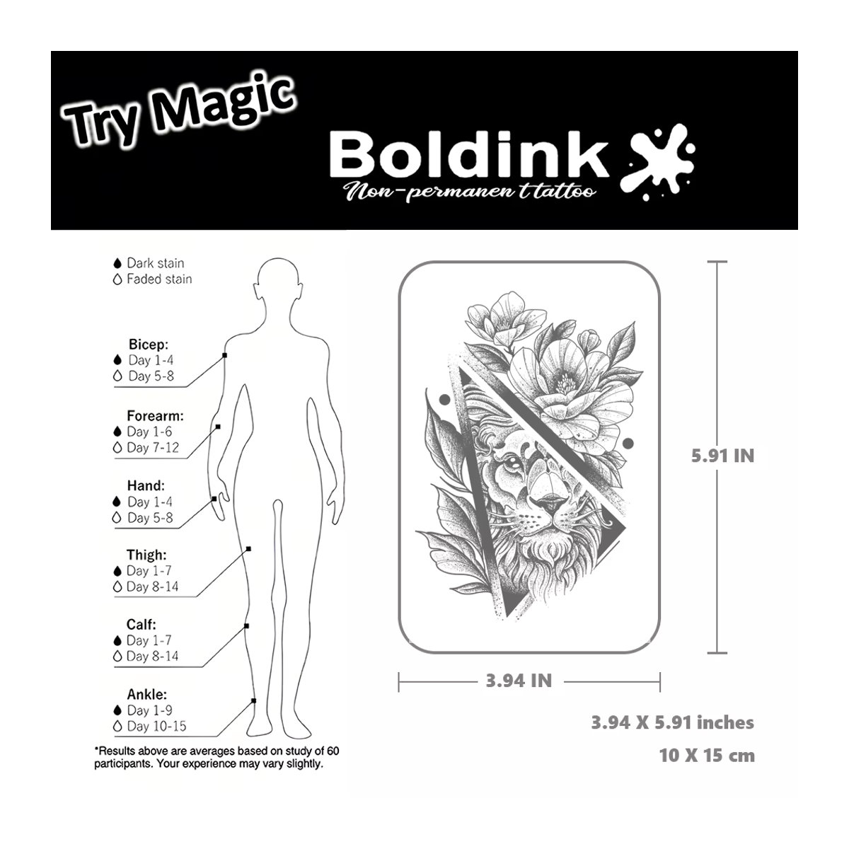 Boldink Nicht permanentes Tattoo mit Löwen-Design in Schwarz, wasserdicht für 1-2 Wochen - Bild 3