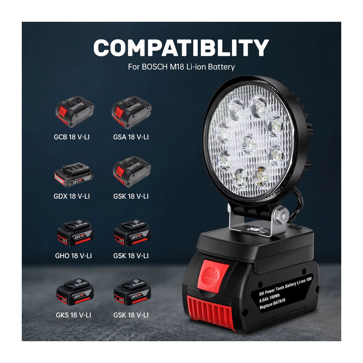 Bonacell 18V LED Arbeitsscheinwerfer kompatibel mit Bosch, Dewalt, Milwaukee und Makita Akkus - Bild 4