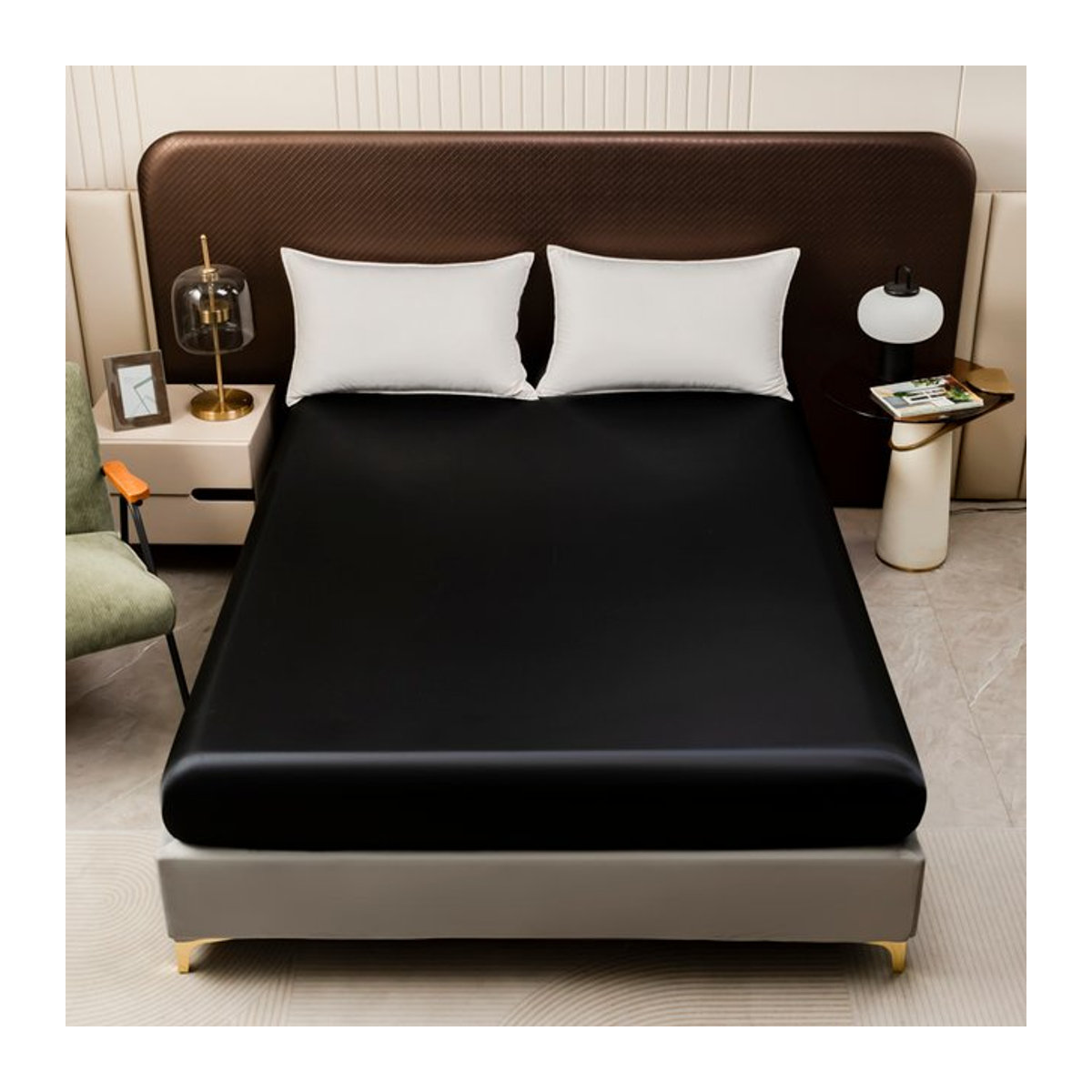 Bonenjoy Spannbetttuch aus Satin in Schwarz für Doppelbetten, kühlendes Bettlaken für Sommer und Single, Queen oder King Size - Bild 1