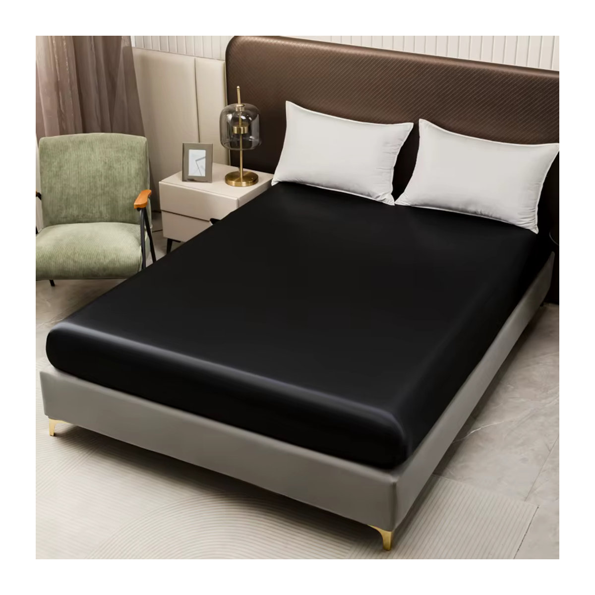 Bonenjoy Spannbetttuch aus Satin in Schwarz für Doppelbetten, kühlendes Bettlaken für Sommer und Single, Queen oder King Size - Bild 2