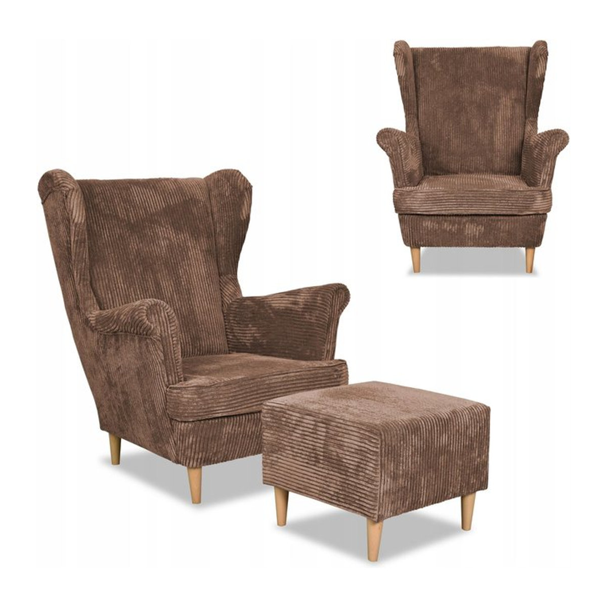 Bonito Ohrensessel mit Fußhocker von Family Meble im Scandinavian Design, Cord, braun - Bild 1