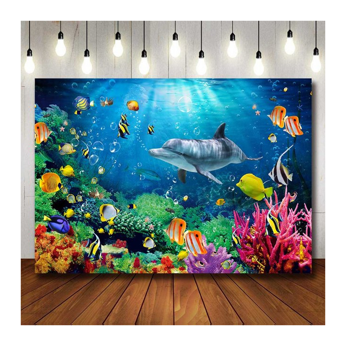 Bonvvie Unterwasser Welt Fotohintergrund mit Delphin, Korallen und Algen in Blau für Kindergeburtstag und maritime Dekoration - Bild 1